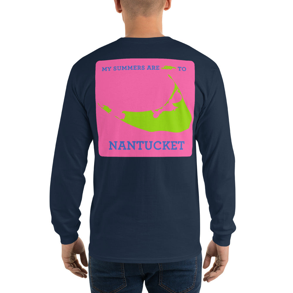 My Summers are Tied to Nantucket Blue and Green with Pink Block Long Sleeve T-Shirt - Multiple Colors - SummerTies