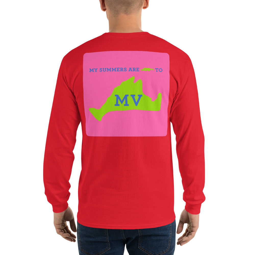 My Summers are Tied to Martha's Vineyard Blue and Green with Pink Block Long Sleeve T-Shirt - Multiple Colors - SummerTies