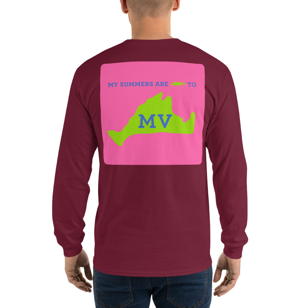 My Summers are Tied to Martha's Vineyard Blue and Green with Pink Block Long Sleeve T-Shirt - Multiple Colors - SummerTies