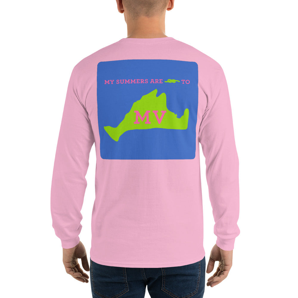 My Summers are Tied to Martha's Vineyard Pink and Green with Blue Block Long Sleeve T-Shirt - Multiple Colors - SummerTies