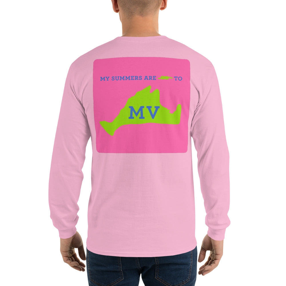 My Summers are Tied to Martha's Vineyard Blue and Green with Pink Block Long Sleeve T-Shirt - Multiple Colors - SummerTies