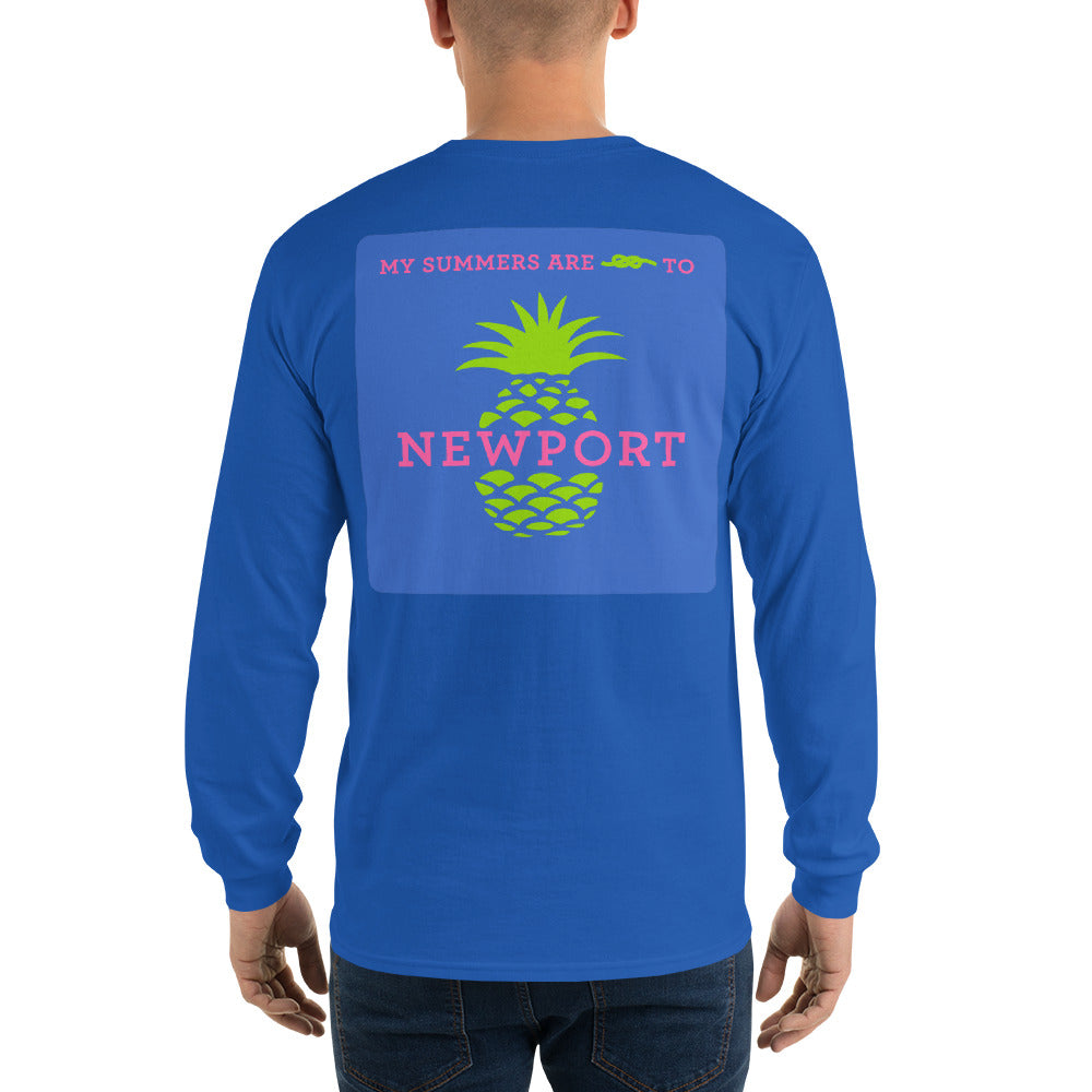 My Summers are Tied to Newport Pineapple Pink and Green with Blue Block Long Sleeve T-Shirt - Multiple Colors - SummerTies