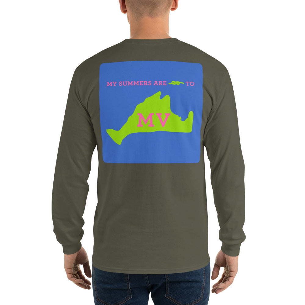 My Summers are Tied to Martha's Vineyard Pink and Green with Blue Block Long Sleeve T-Shirt - Multiple Colors - SummerTies