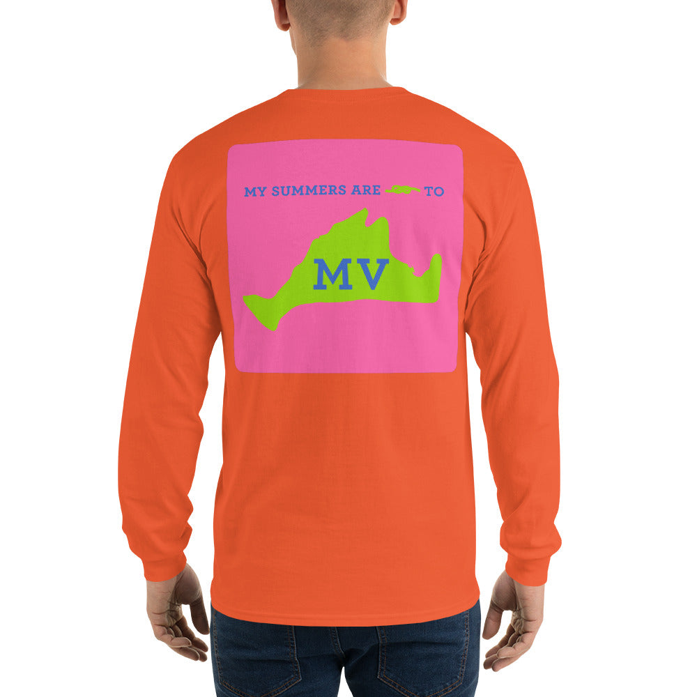 My Summers are Tied to Martha's Vineyard Blue and Green with Pink Block Long Sleeve T-Shirt - Multiple Colors - SummerTies