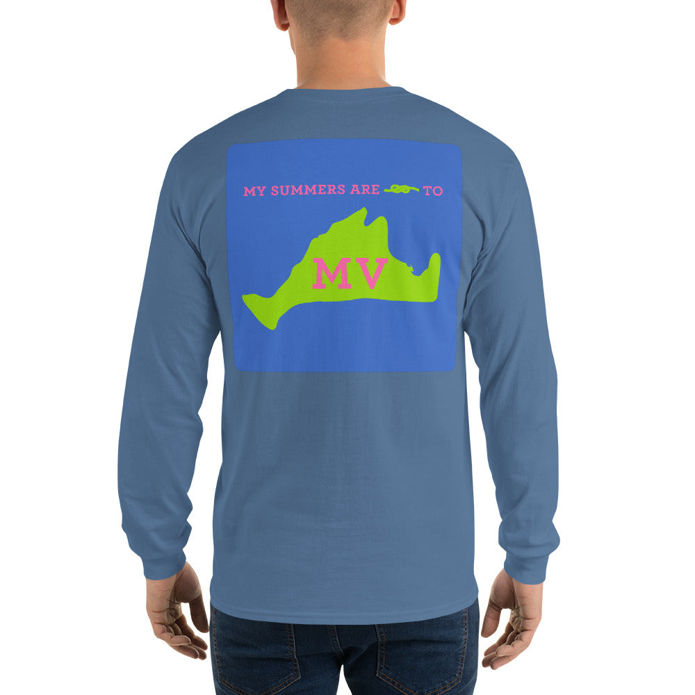 My Summers are Tied to Martha's Vineyard Pink and Green with Blue Block Long Sleeve T-Shirt - Multiple Colors - SummerTies