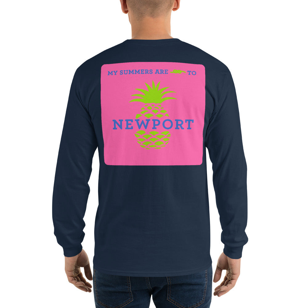 My Summers are Tied to Newport Pineapple Blue and Green with Pink Block Long Sleeve T-Shirt - Multiple Colors - SummerTies