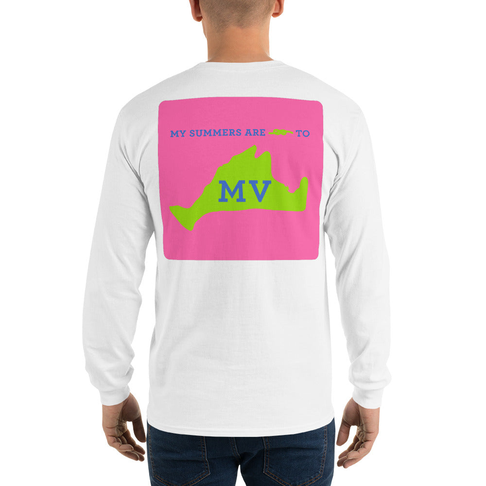 My Summers are Tied to Martha's Vineyard Blue and Green with Pink Block Long Sleeve T-Shirt - Multiple Colors - SummerTies