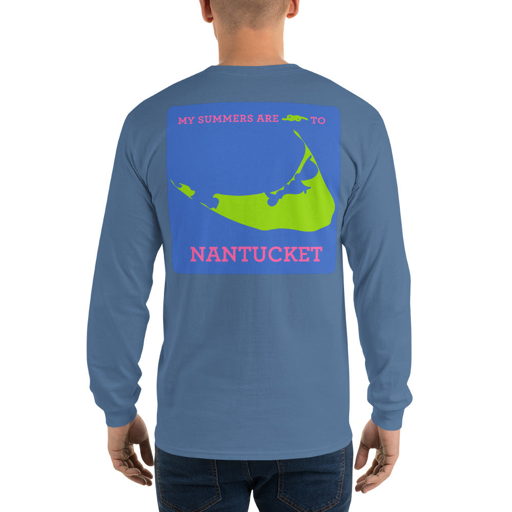 My Summers are Tied to Nantucket Pink and Green with Blue Block Long Sleeve T-Shirt - Multiple Colors - SummerTies