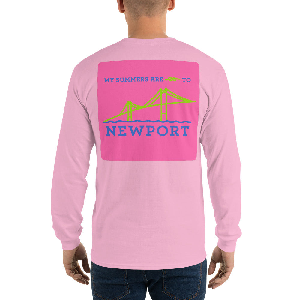 My Summers are Tied to Newport Bridge Blue and Green on Pink Block Long Sleeve T-Shirt - Multiple Colors - SummerTies