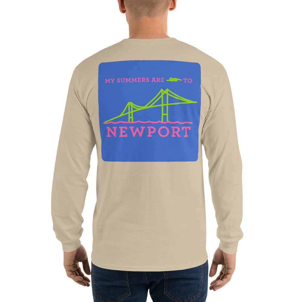 My Summers are Tied to Newport Bridge Pink and Green with Blue Block Long Sleeve T-Shirt - Multiple Colors - SummerTies