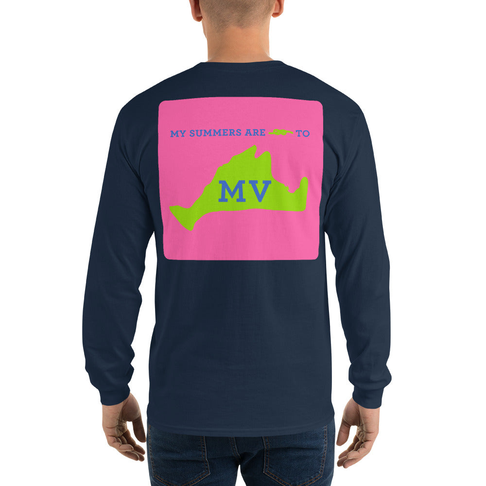 My Summers are Tied to Martha's Vineyard Blue and Green with Pink Block Long Sleeve T-Shirt - Multiple Colors - SummerTies