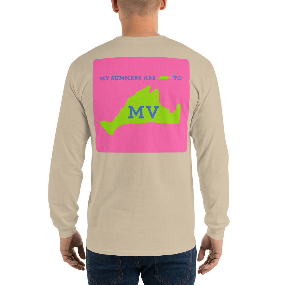 My Summers are Tied to Martha's Vineyard Blue and Green with Pink Block Long Sleeve T-Shirt - Multiple Colors - SummerTies