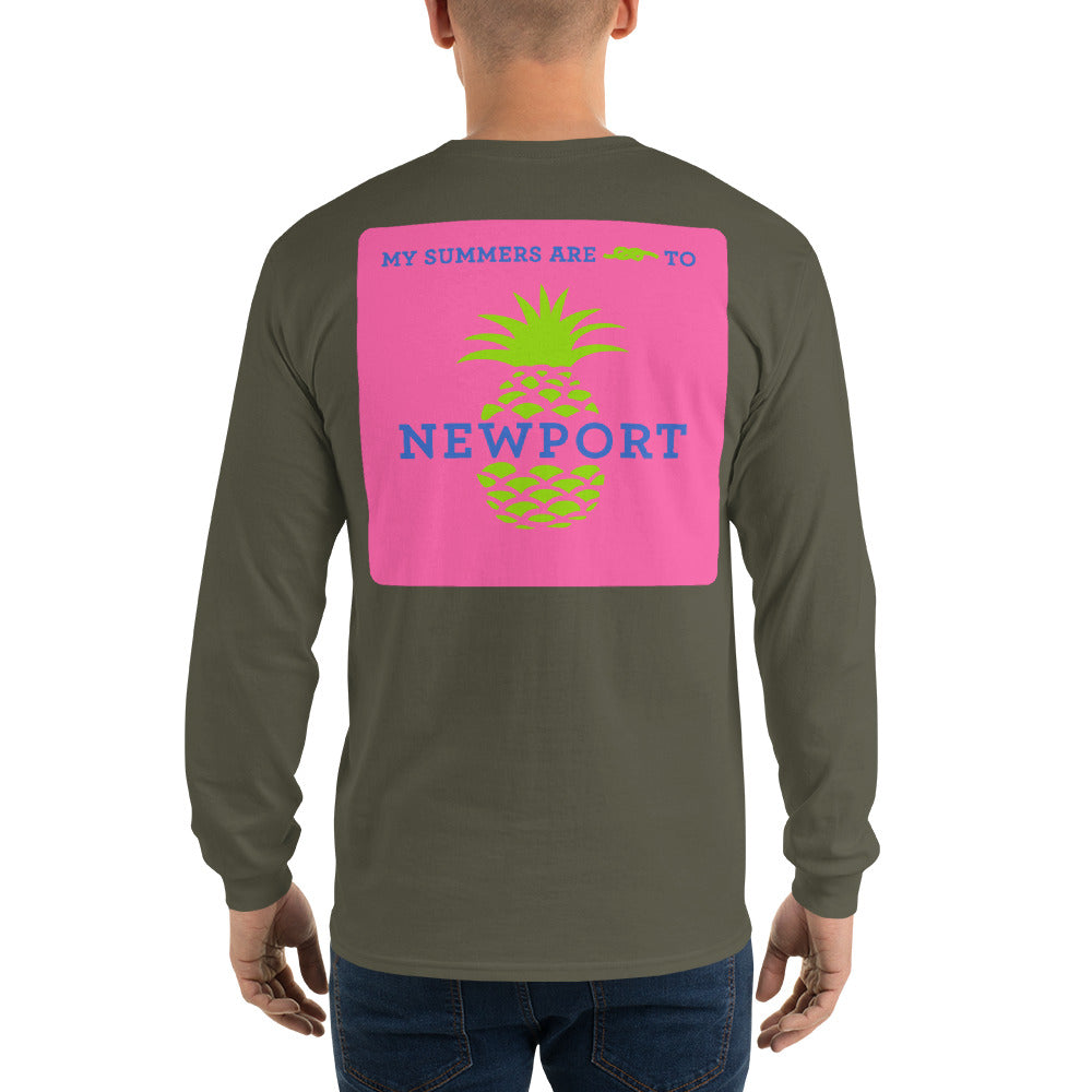 My Summers are Tied to Newport Pineapple Blue and Green with Pink Block Long Sleeve T-Shirt - Multiple Colors - SummerTies