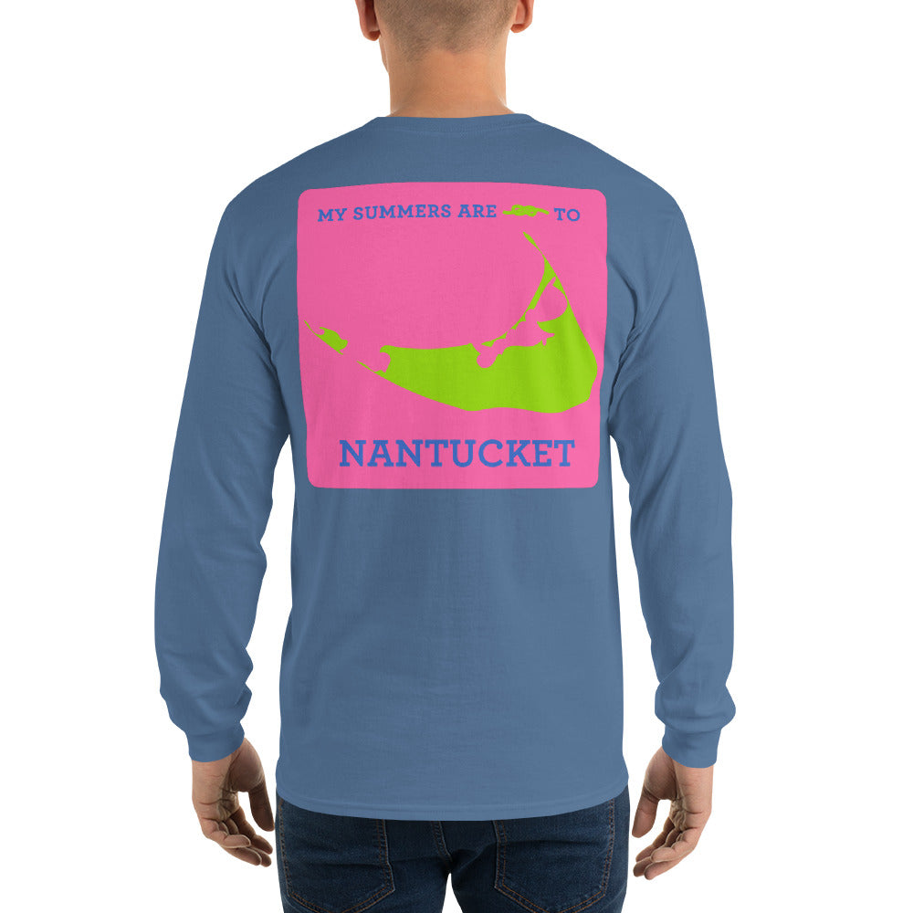 My Summers are Tied to Nantucket Blue and Green with Pink Block Long Sleeve T-Shirt - Multiple Colors - SummerTies