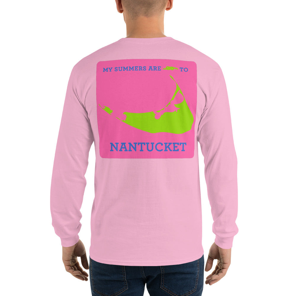 My Summers are Tied to Nantucket Blue and Green with Pink Block Long Sleeve T-Shirt - Multiple Colors - SummerTies