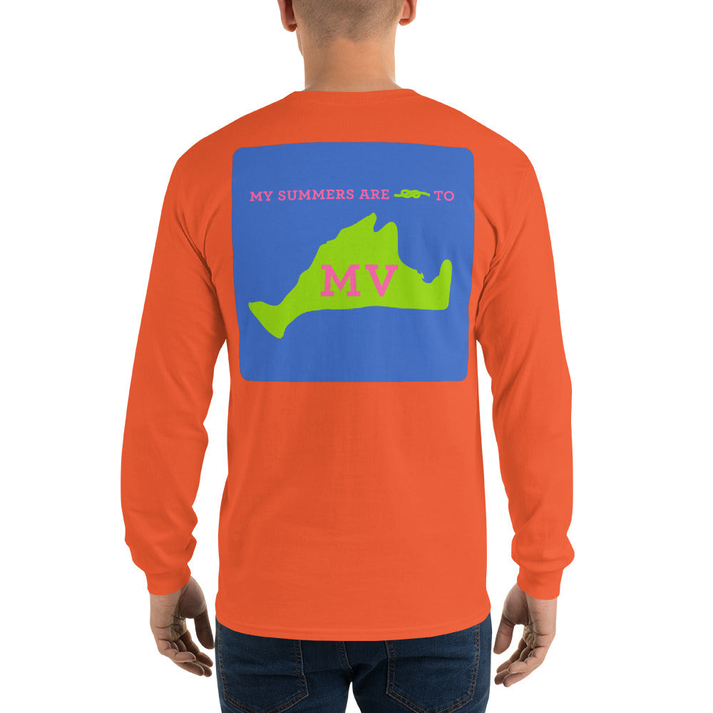 My Summers are Tied to Martha's Vineyard Pink and Green with Blue Block Long Sleeve T-Shirt - Multiple Colors - SummerTies