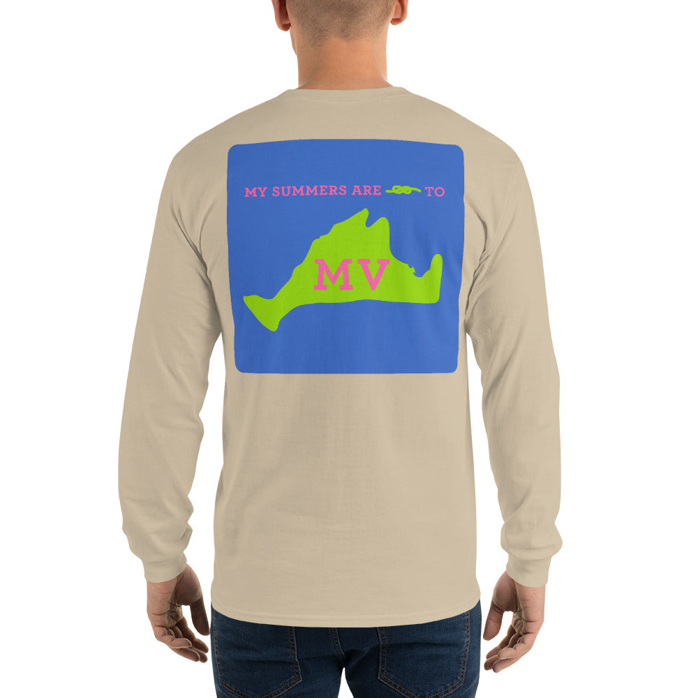 My Summers are Tied to Martha's Vineyard Pink and Green with Blue Block Long Sleeve T-Shirt - Multiple Colors - SummerTies