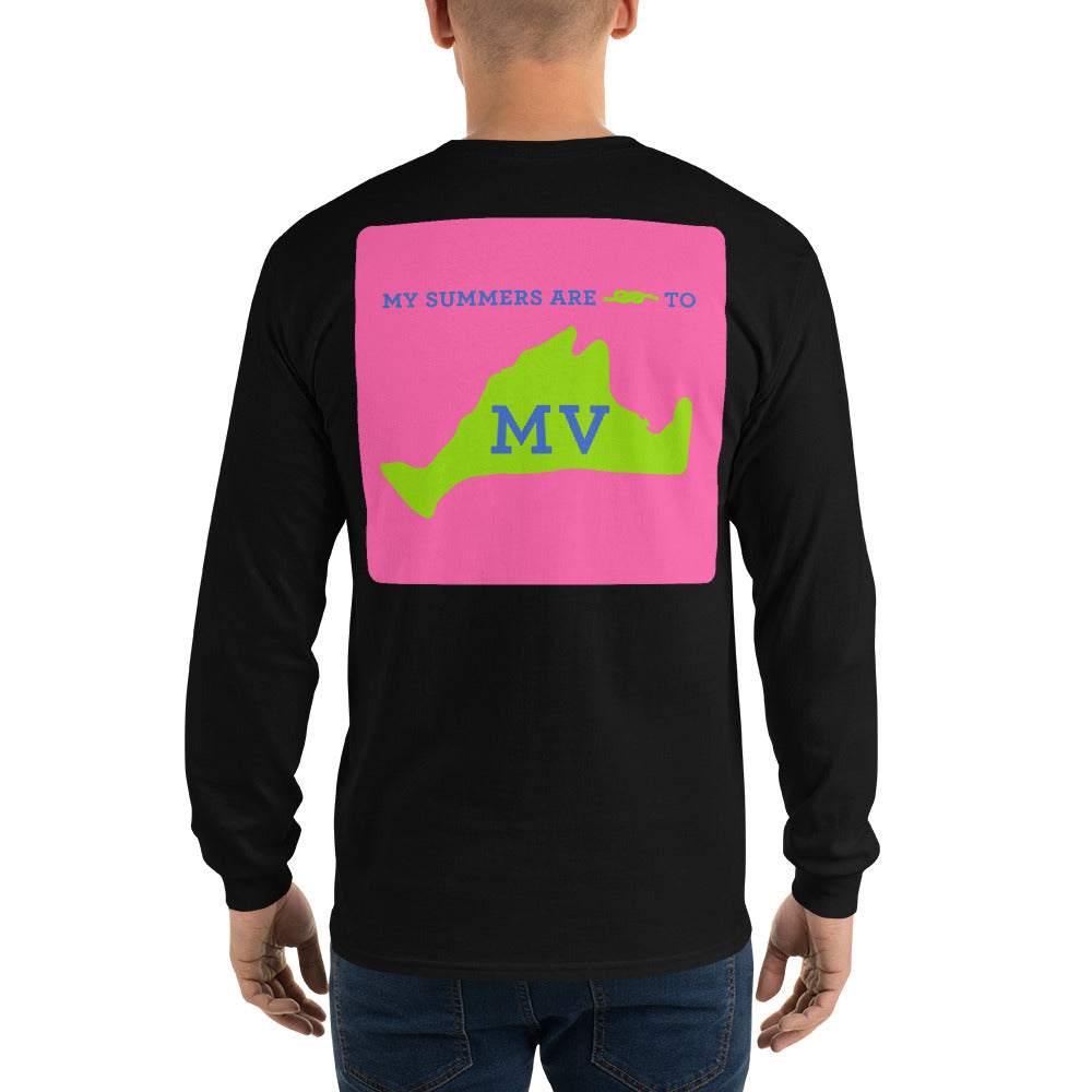 My Summers are Tied to Martha's Vineyard Blue and Green with Pink Block Long Sleeve T-Shirt - Multiple Colors - SummerTies