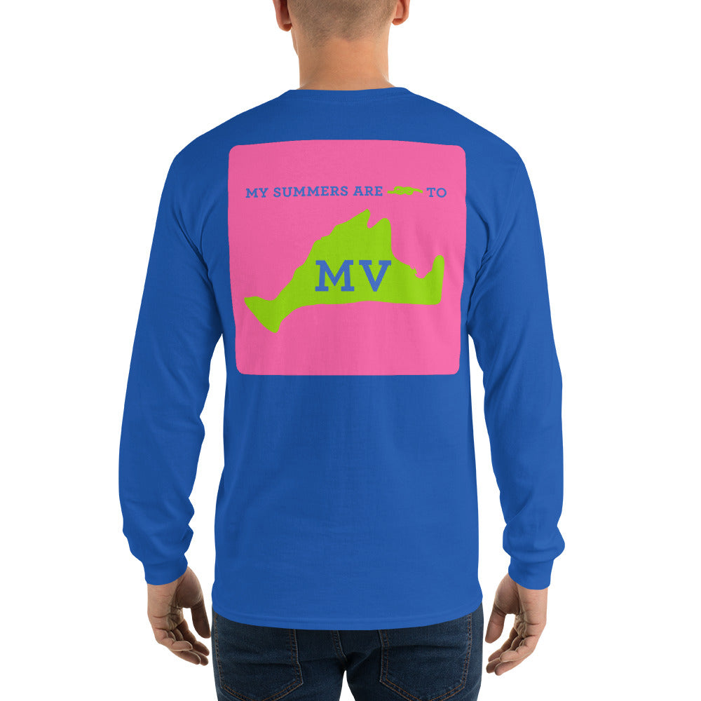 My Summers are Tied to Martha's Vineyard Blue and Green with Pink Block Long Sleeve T-Shirt - Multiple Colors - SummerTies