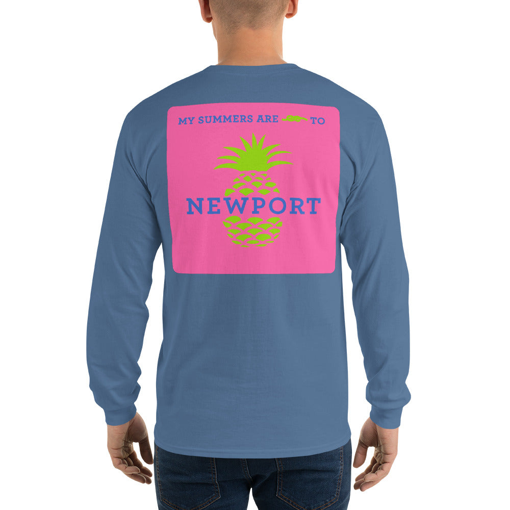 My Summers are Tied to Newport Pineapple Blue and Green with Pink Block Long Sleeve T-Shirt - Multiple Colors - SummerTies