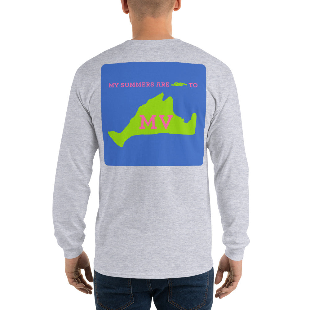 My Summers are Tied to Martha's Vineyard Pink and Green with Blue Block Long Sleeve T-Shirt - Multiple Colors - SummerTies