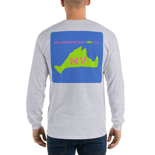 My Summers are Tied to Martha's Vineyard Pink and Green with Blue Block Long Sleeve T-Shirt - Multiple Colors - SummerTies