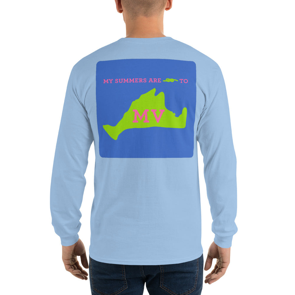 My Summers are Tied to Martha's Vineyard Pink and Green with Blue Block Long Sleeve T-Shirt - Multiple Colors - SummerTies