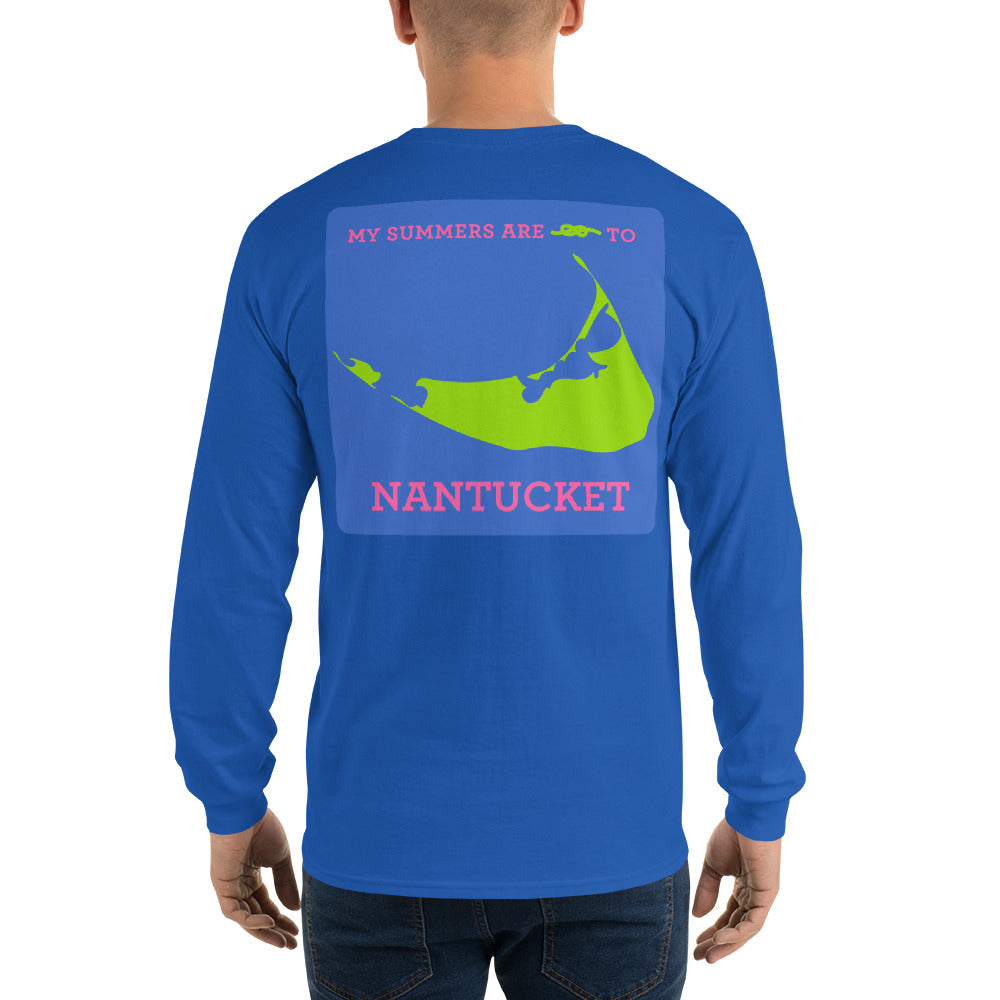 My Summers are Tied to Nantucket Pink and Green with Blue Block Long Sleeve T-Shirt - Multiple Colors - SummerTies