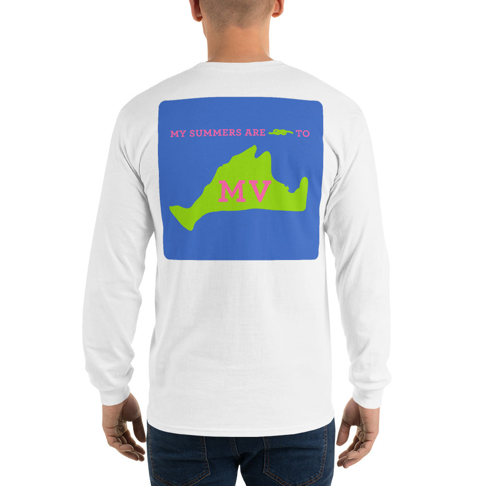 My Summers are Tied to Martha's Vineyard Pink and Green with Blue Block Long Sleeve T-Shirt - Multiple Colors - SummerTies