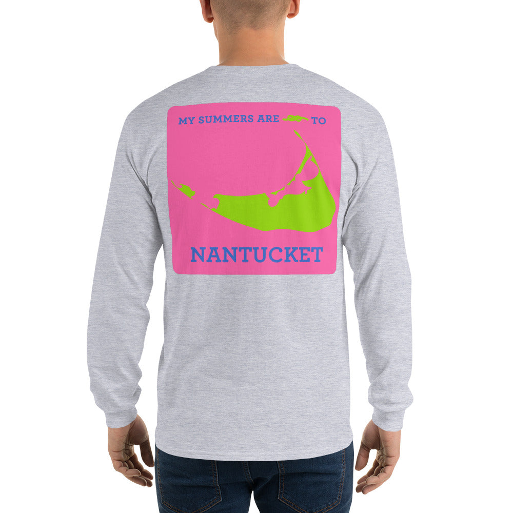 My Summers are Tied to Nantucket Blue and Green with Pink Block Long Sleeve T-Shirt - Multiple Colors - SummerTies