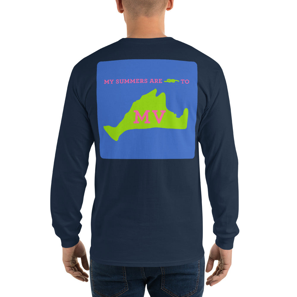 My Summers are Tied to Martha's Vineyard Pink and Green with Blue Block Long Sleeve T-Shirt - Multiple Colors - SummerTies