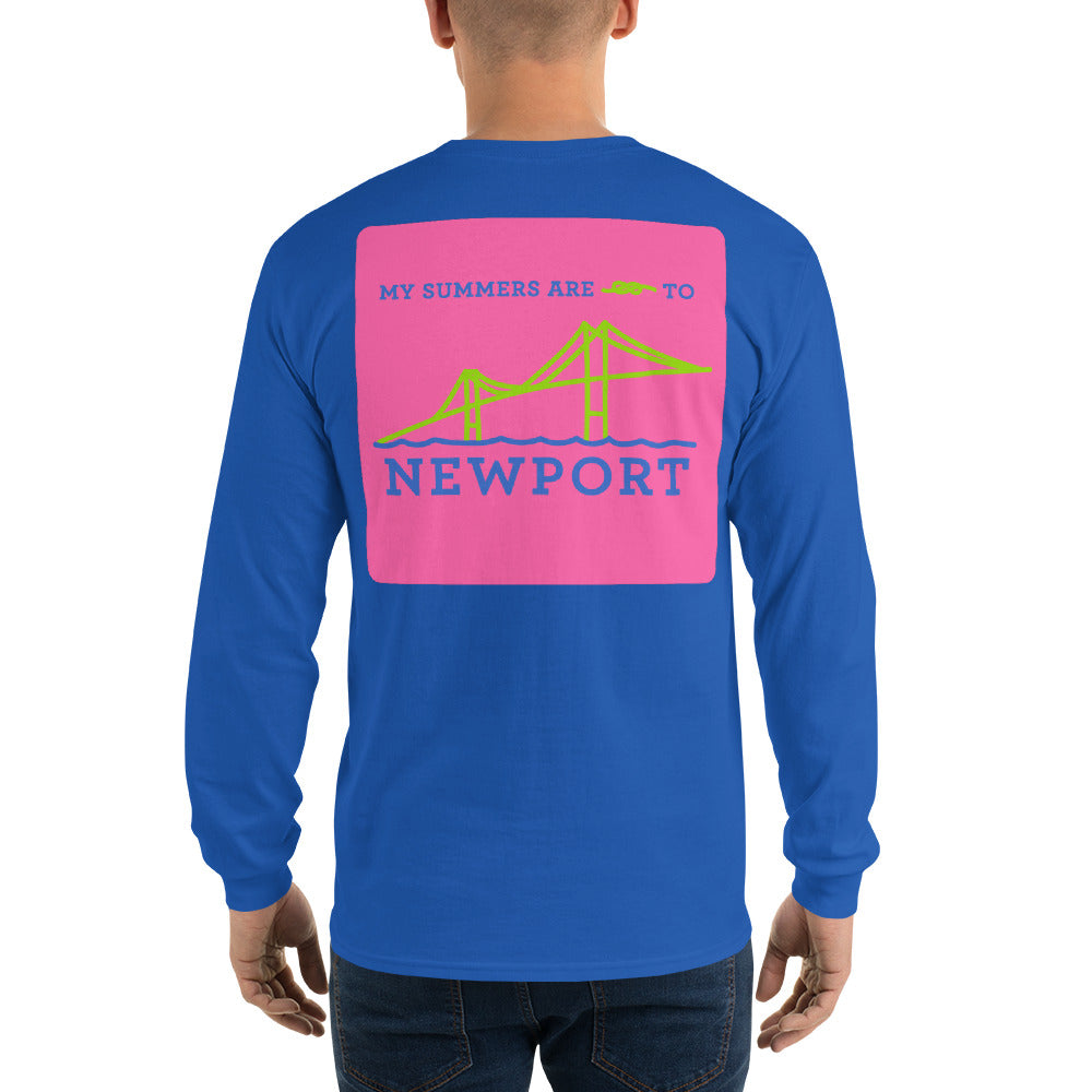 My Summers are Tied to Newport Bridge Blue and Green on Pink Block Long Sleeve T-Shirt - Multiple Colors - SummerTies