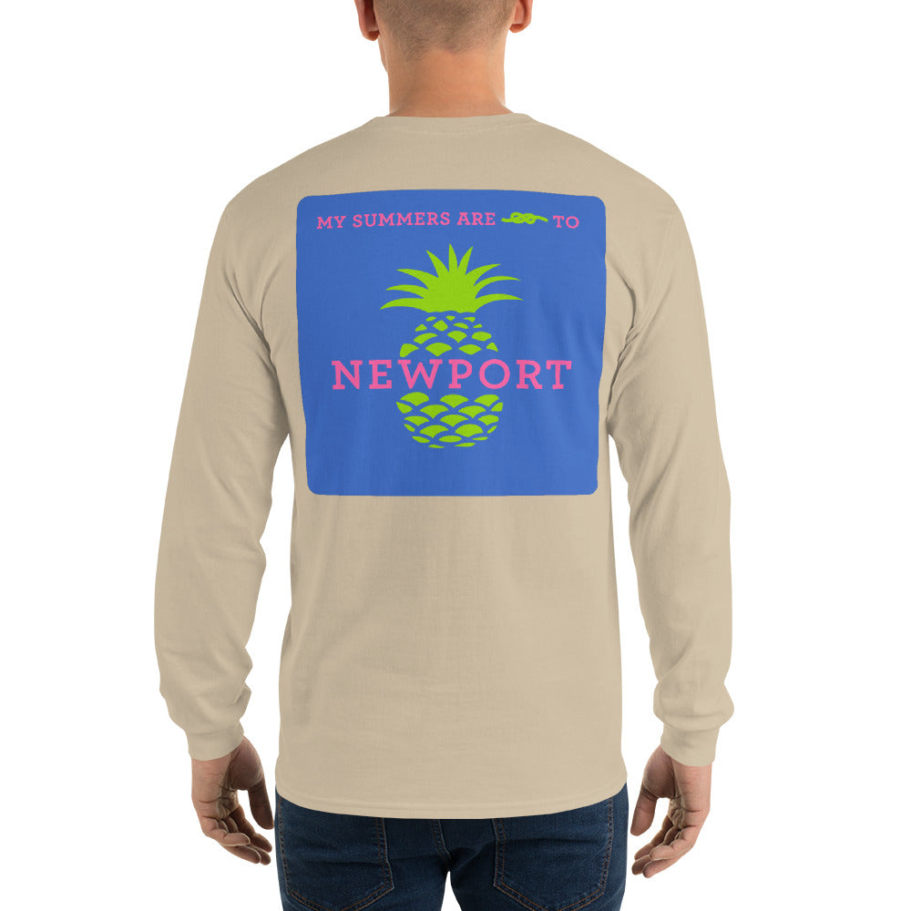 My Summers are Tied to Newport Pineapple Pink and Green with Blue Block Long Sleeve T-Shirt - Multiple Colors - SummerTies