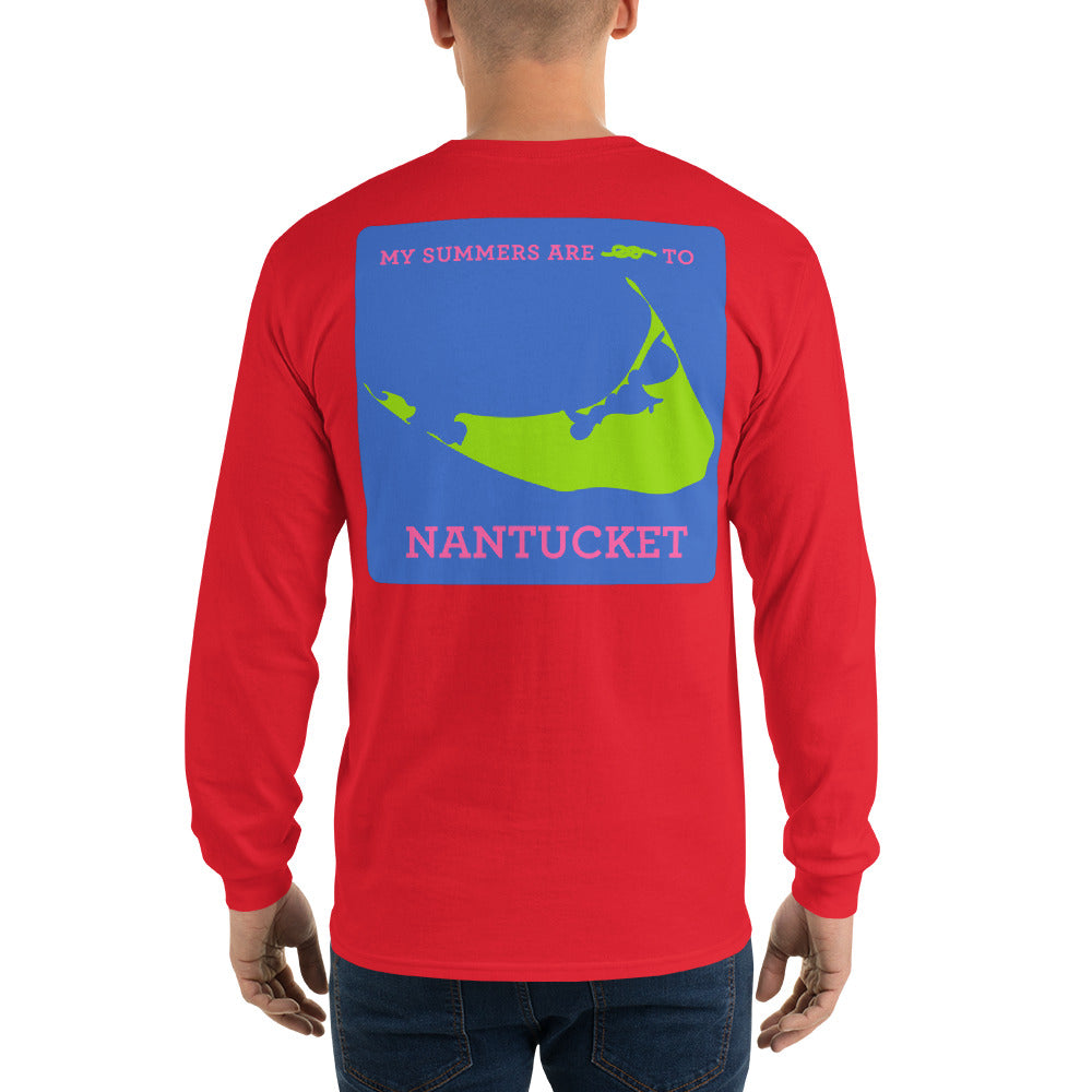 My Summers are Tied to Nantucket Pink and Green with Blue Block Long Sleeve T-Shirt - Multiple Colors - SummerTies