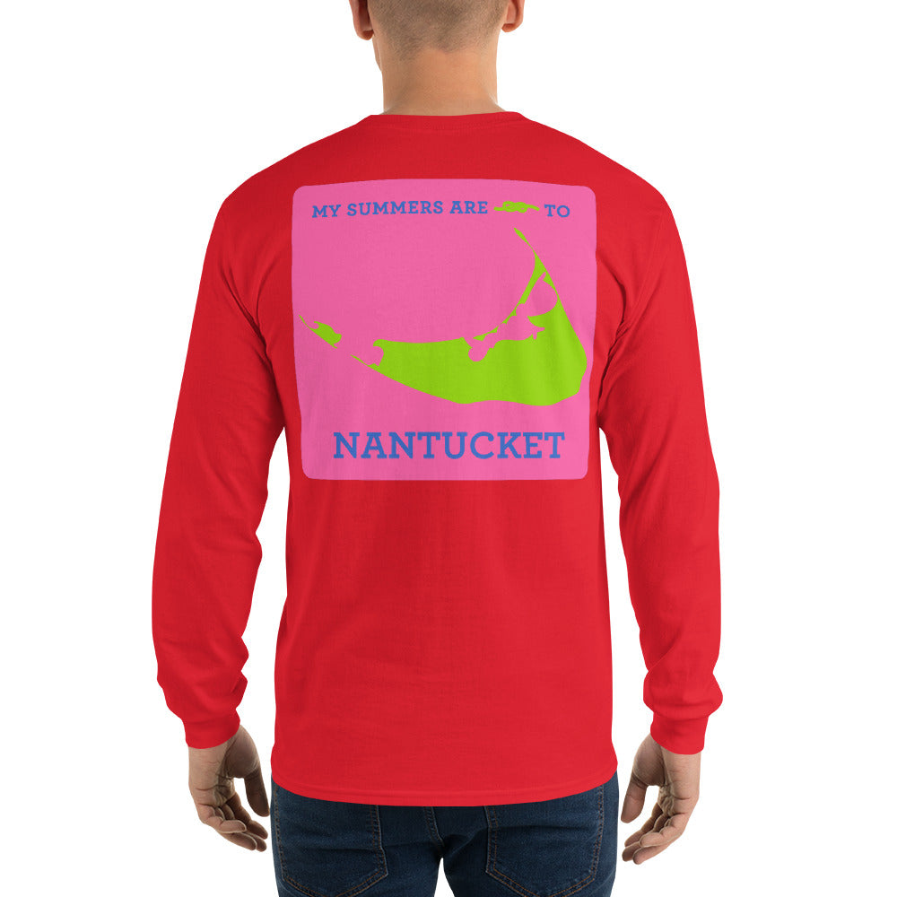 My Summers are Tied to Nantucket Blue and Green with Pink Block Long Sleeve T-Shirt - Multiple Colors - SummerTies