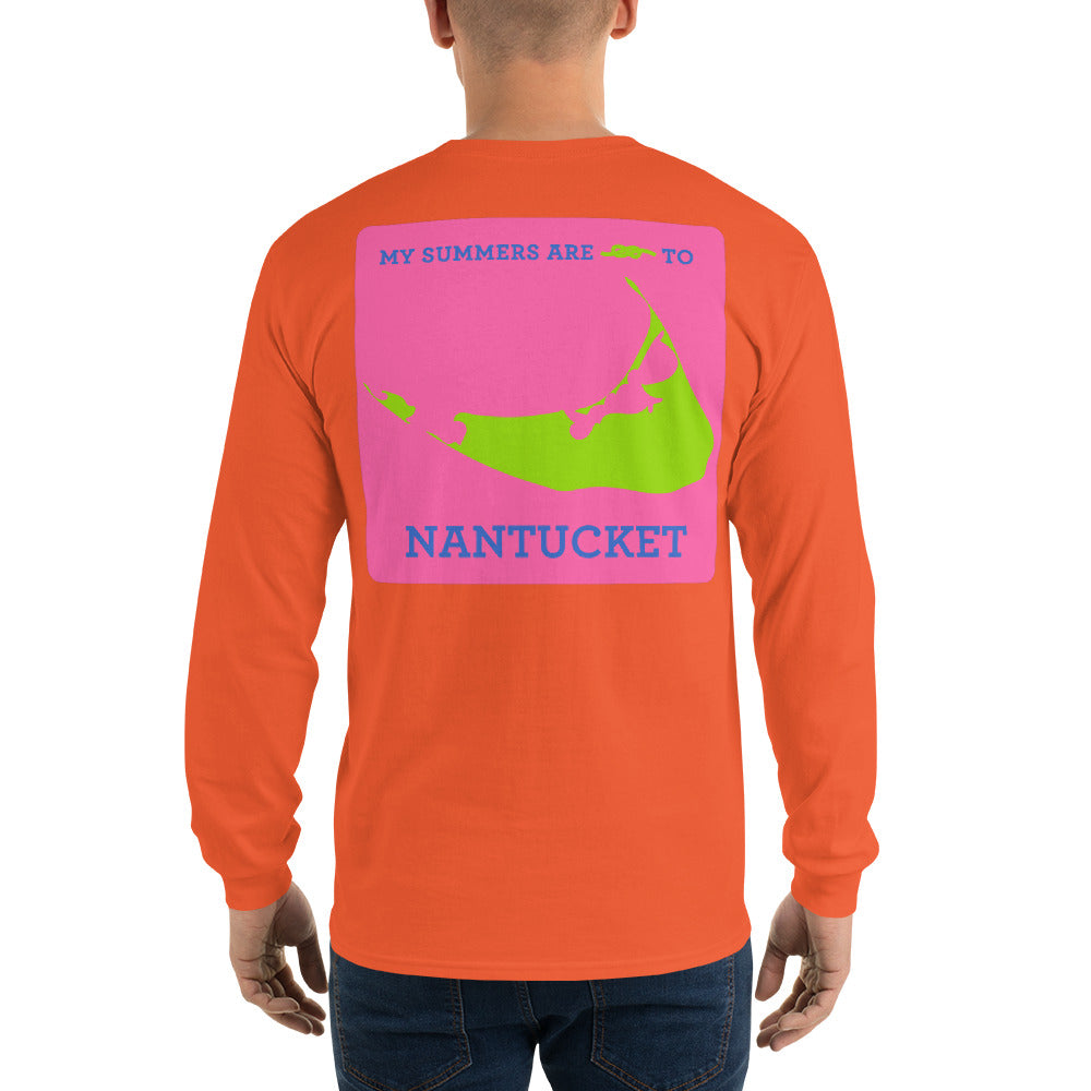 My Summers are Tied to Nantucket Blue and Green with Pink Block Long Sleeve T-Shirt - Multiple Colors - SummerTies