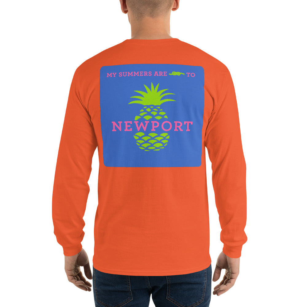 My Summers are Tied to Newport Pineapple Pink and Green with Blue Block Long Sleeve T-Shirt - Multiple Colors - SummerTies