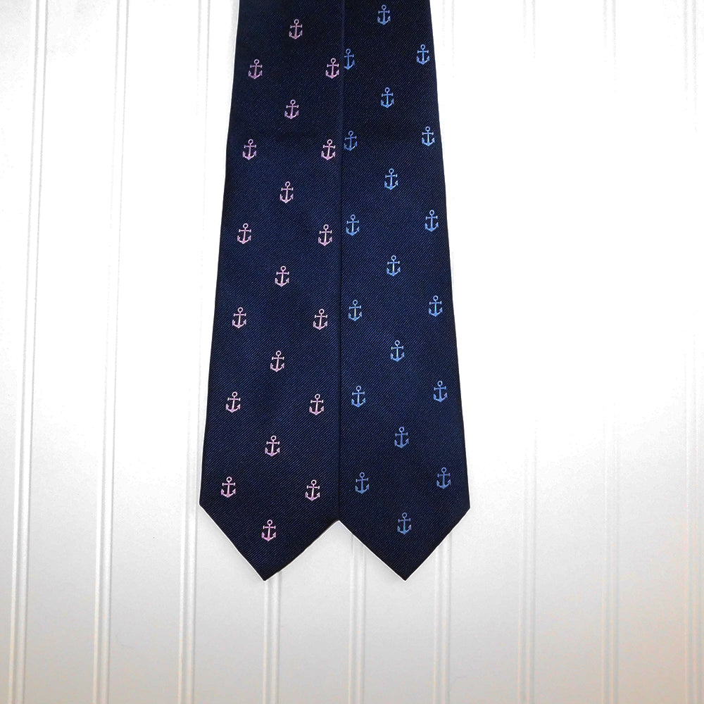 Anchor Necktie - Pink on Navy, Woven Silk - SummerTies