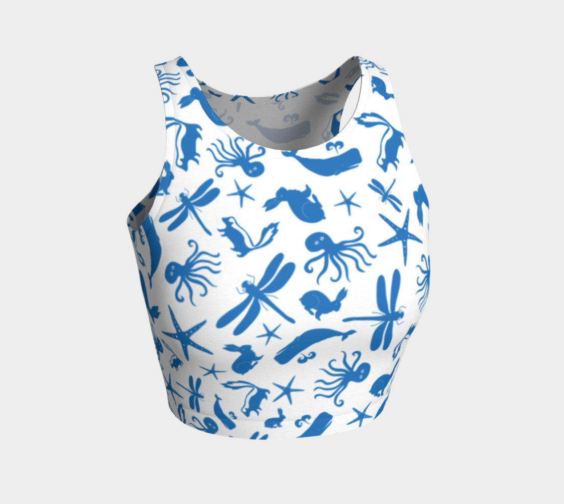 Multi Creature Athletic Crop Top - White on Blue - SummerTies