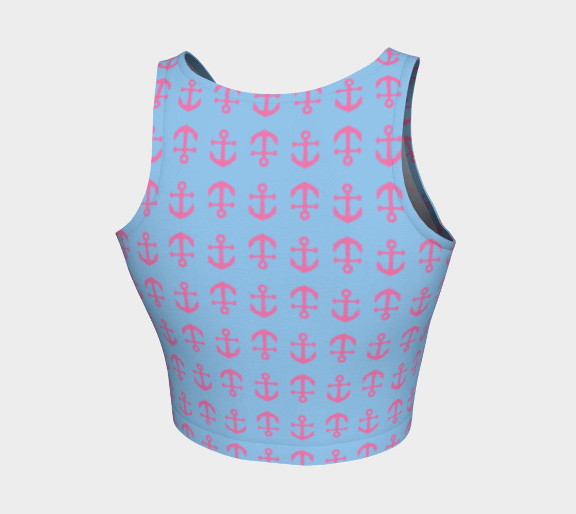 Anchor Toss Athletic Crop Top - Pink on Light Blue - SummerTies