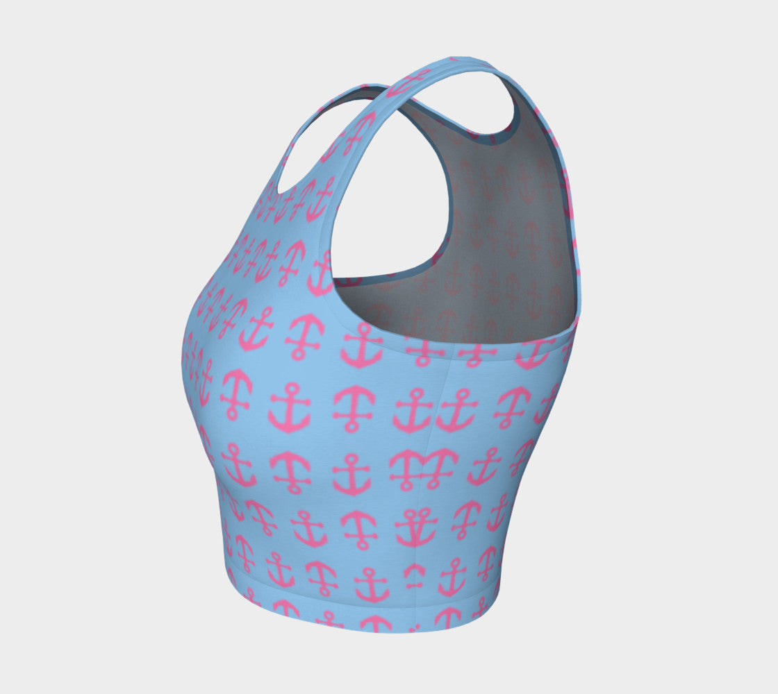 Anchor Toss Athletic Crop Top - Pink on Light Blue - SummerTies