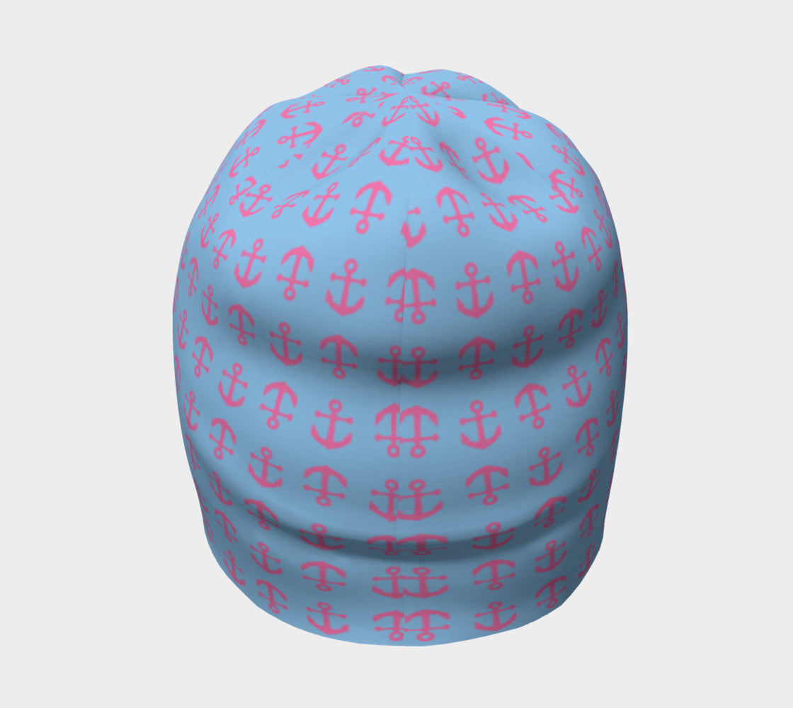 Anchor Toss Winter Beanie - Pink on Light Blue - SummerTies