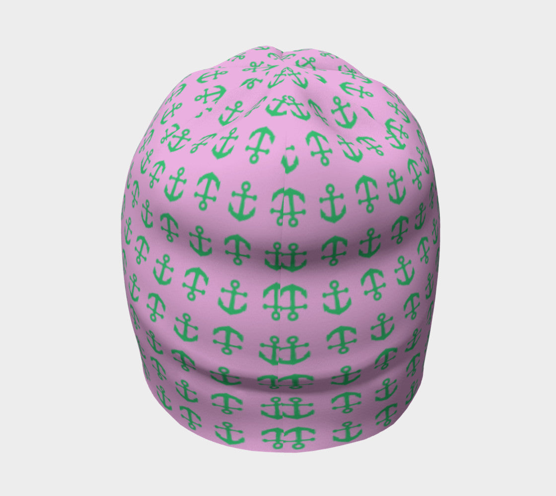 Anchor Toss Winter Beanie - Green on Light Pink - SummerTies