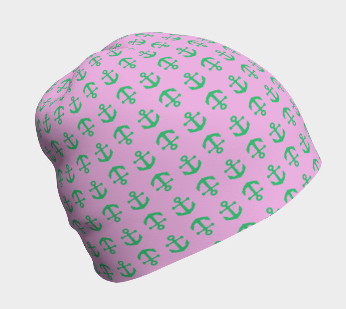 Anchor Toss Winter Beanie - Green on Light Pink - SummerTies