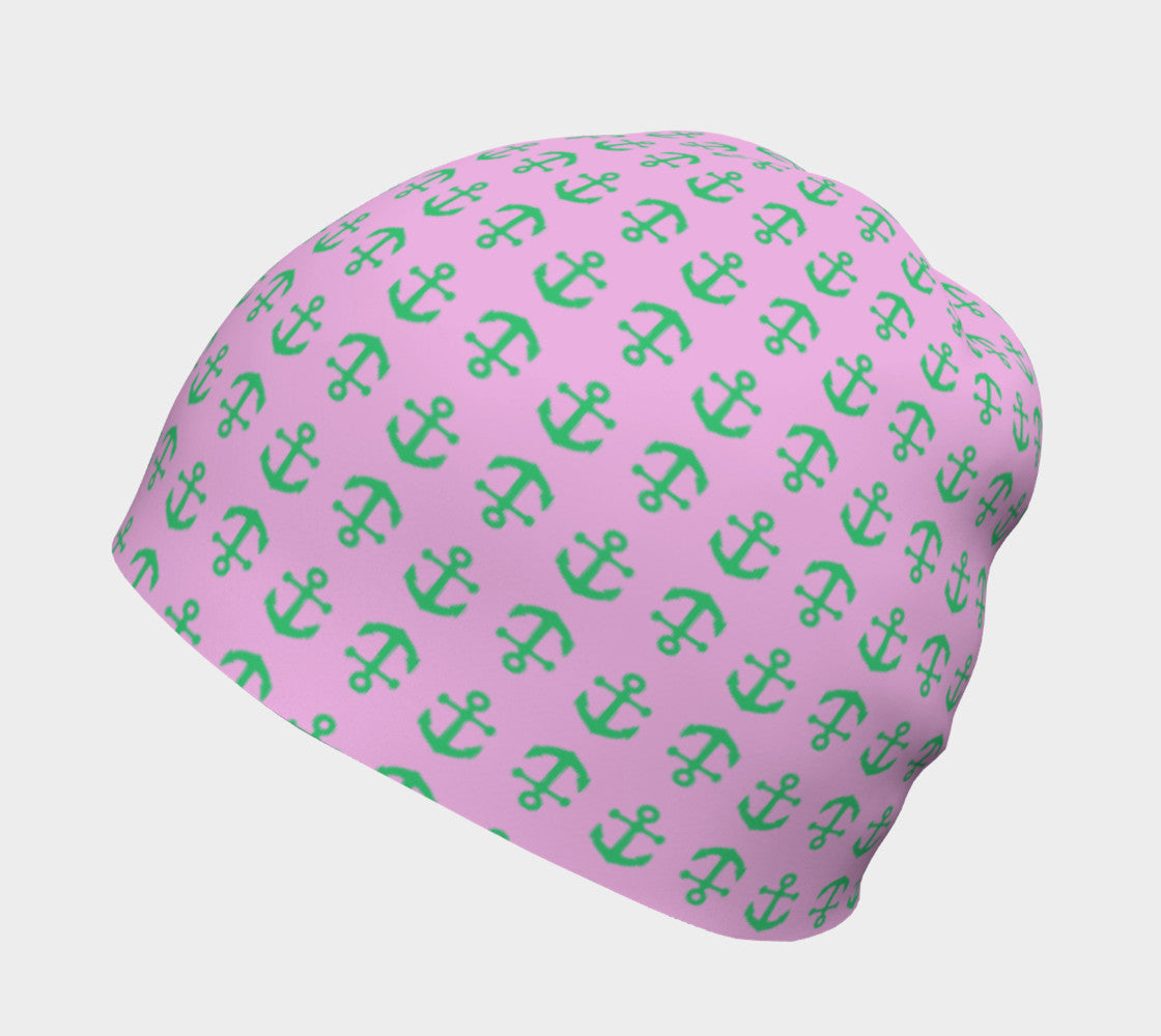 Anchor Toss Winter Beanie - Green on Light Pink - SummerTies