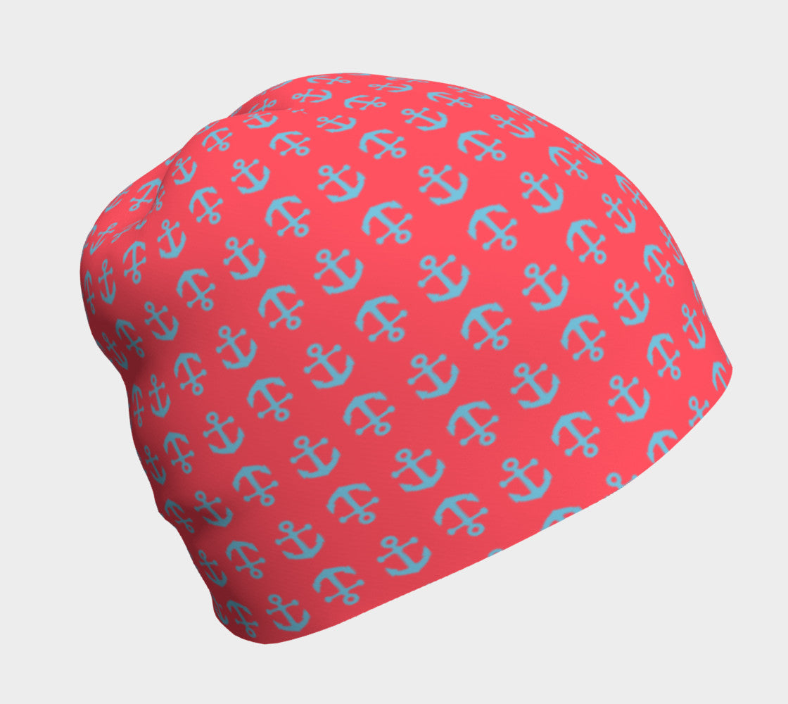 Anchor Toss Winter Beanie - Light Blue on Darker Coral - SummerTies