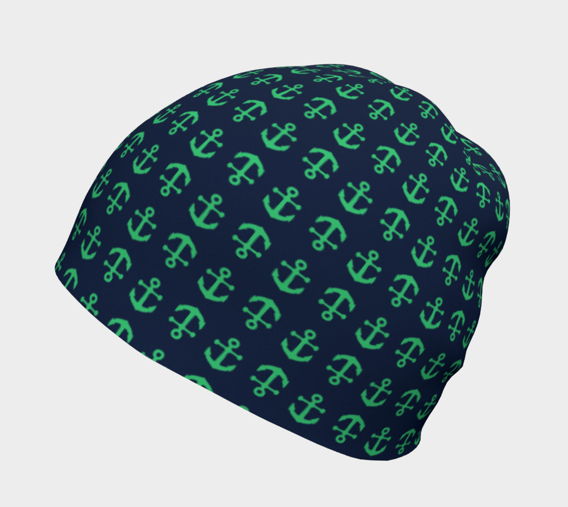 Anchor Toss Winter Beanie - Green on Navy - SummerTies