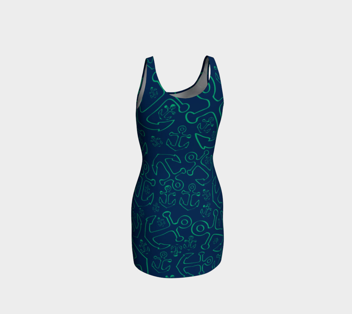 Anchor Dream Bodycon Dress - Green on Navy - SummerTies