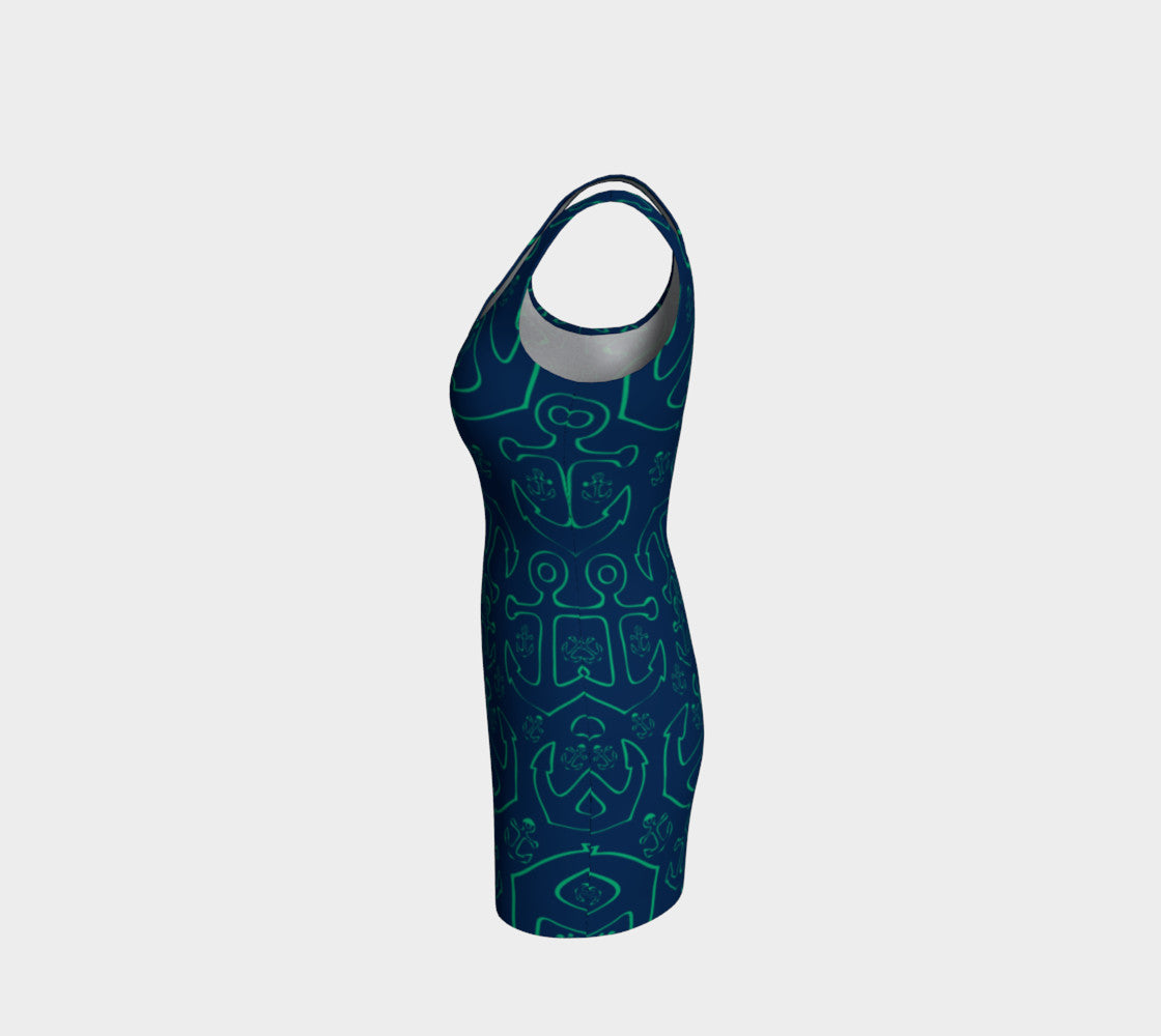 Anchor Dream Bodycon Dress - Green on Navy - SummerTies