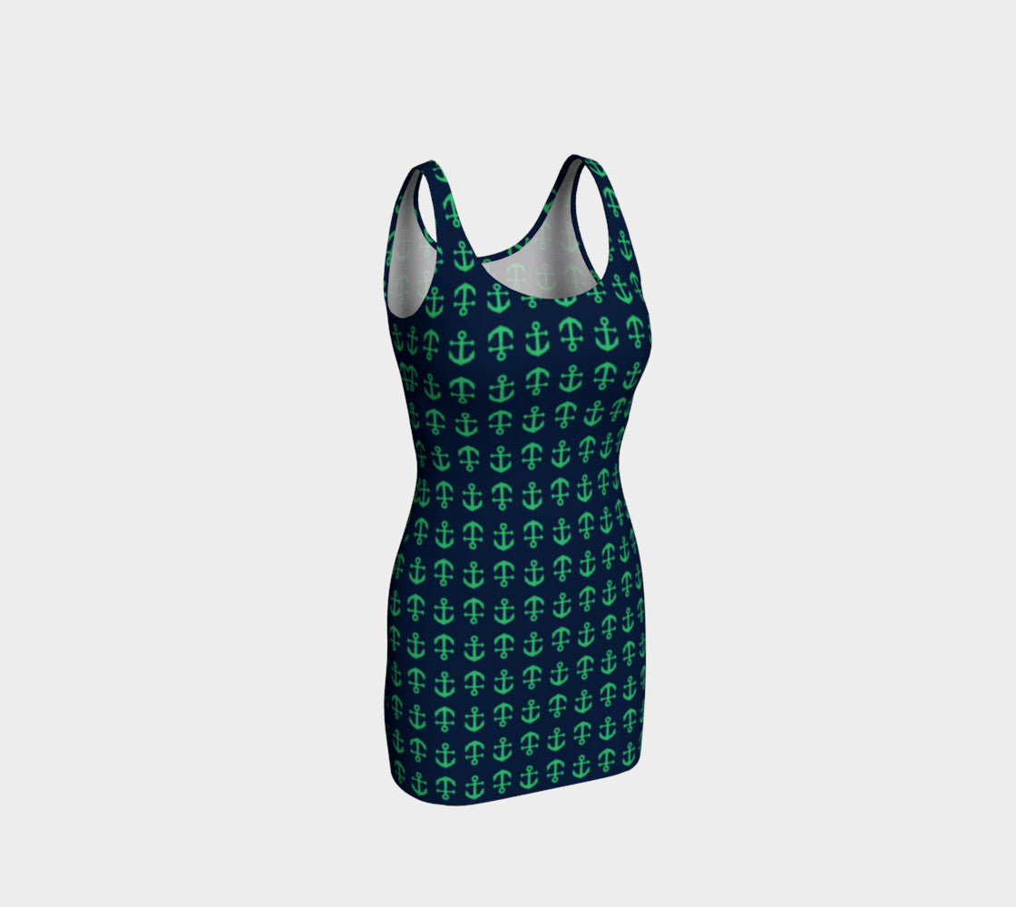 Anchor Toss Bodycon Dress - Green on Navy - SummerTies